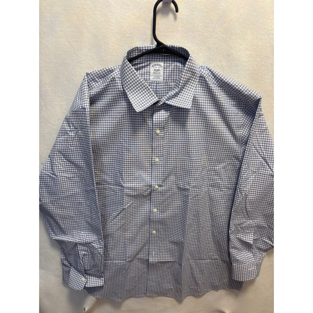Brooks‎ Brothers Men's Blue Gingham Check Non Iron Stretch Dress Shirt 17 1/2 34